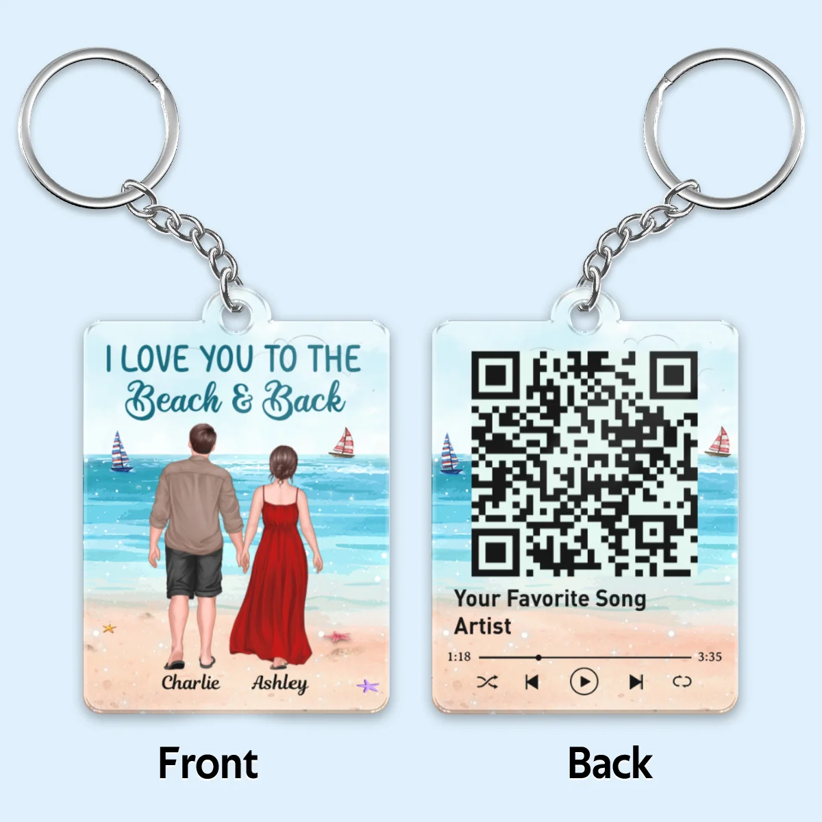 Summer Couple Standing Back View Favorite Song Scannable QR Code Personalized Acrylic Keychain - Image 4
