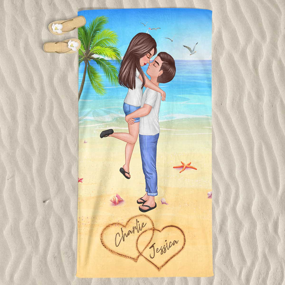 Summer Doll Couple Kissing Hugging Personalized Beach Towel - Image 3