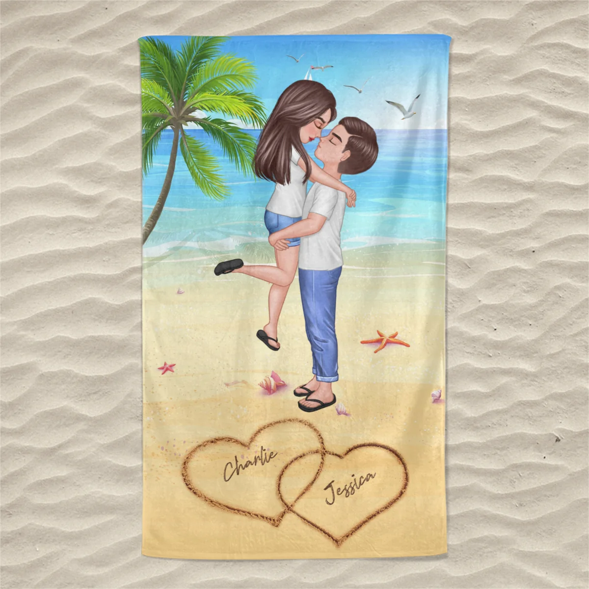 Summer Doll Couple Kissing Hugging Personalized Beach Towel - Image 4