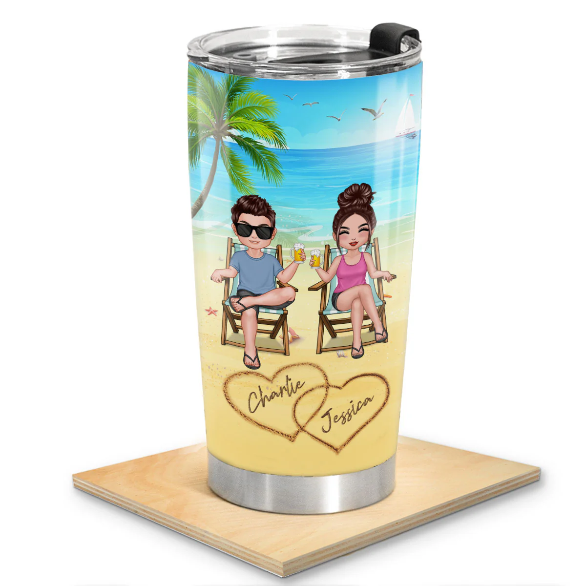 Summer Doll Couple Sitting On The Beach Personalized Tumbler - Image 2