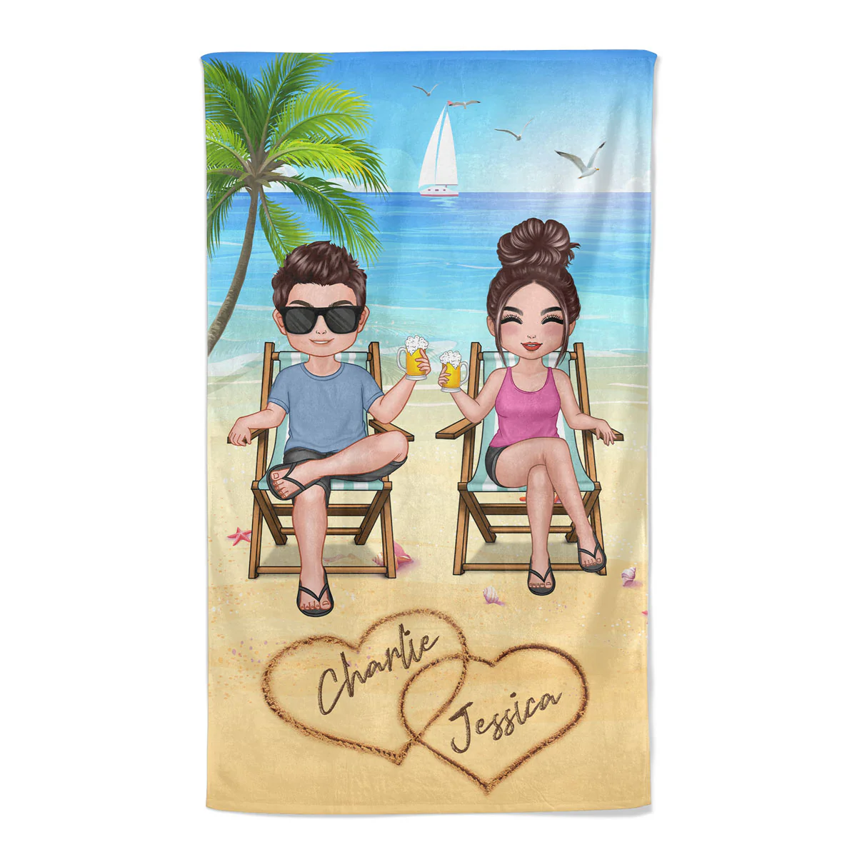 Summer Doll Couple Sitting Personalized Beach Towel