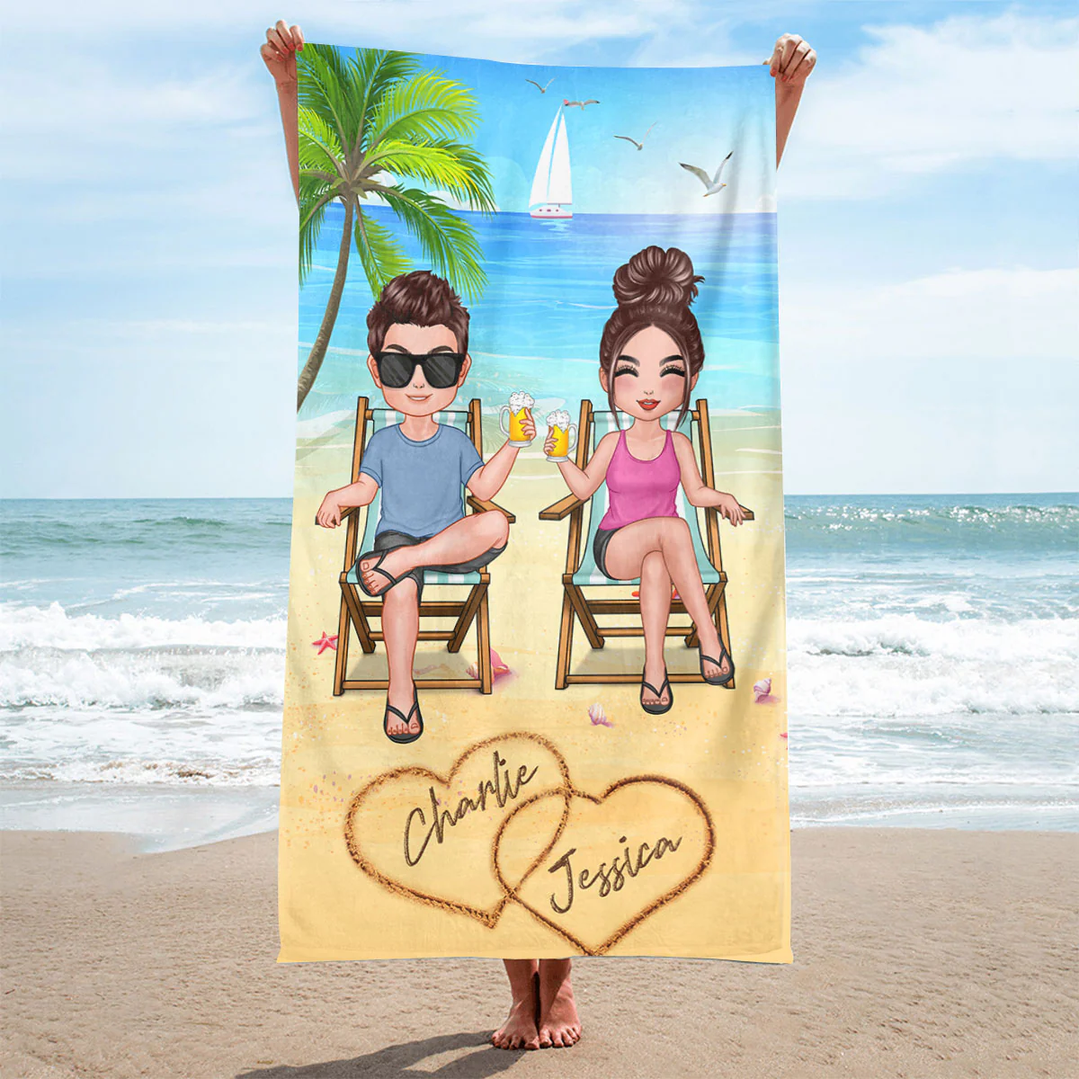Summer Doll Couple Sitting Personalized Beach Towel - Image 2