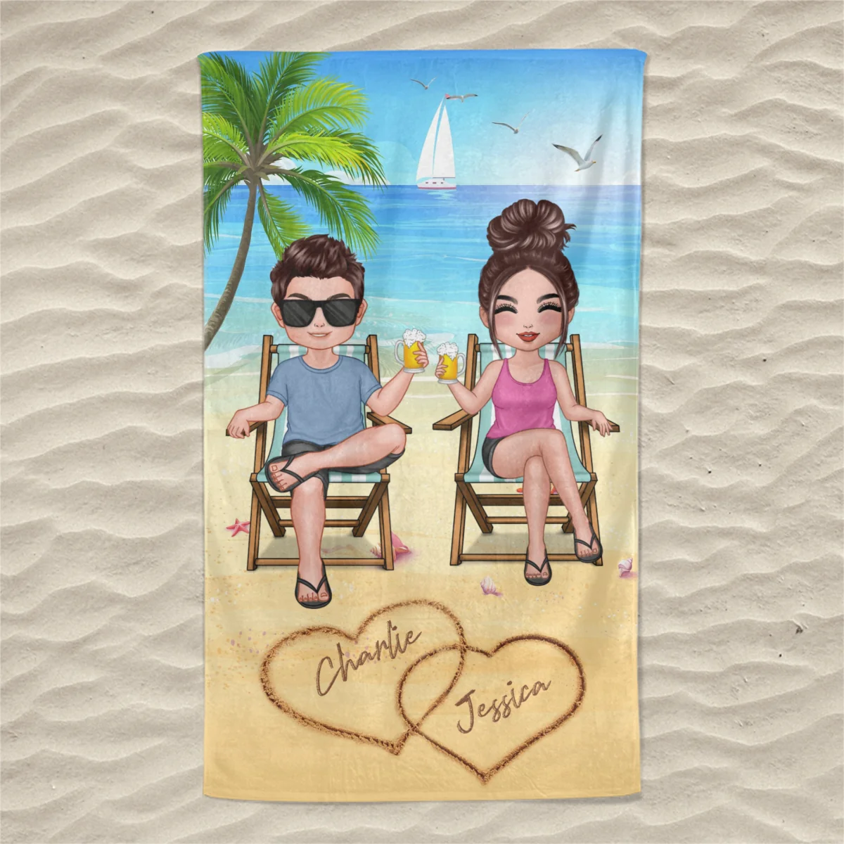 Summer Doll Couple Sitting Personalized Beach Towel - Image 3