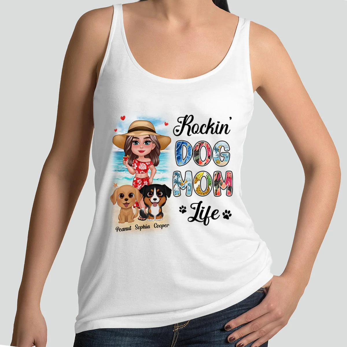 Summer Doll Woman New Face With Watercolor Cute Dogs Rockin‘ The Dog Mom Life Personalized Tank Top Shirt - Image 2