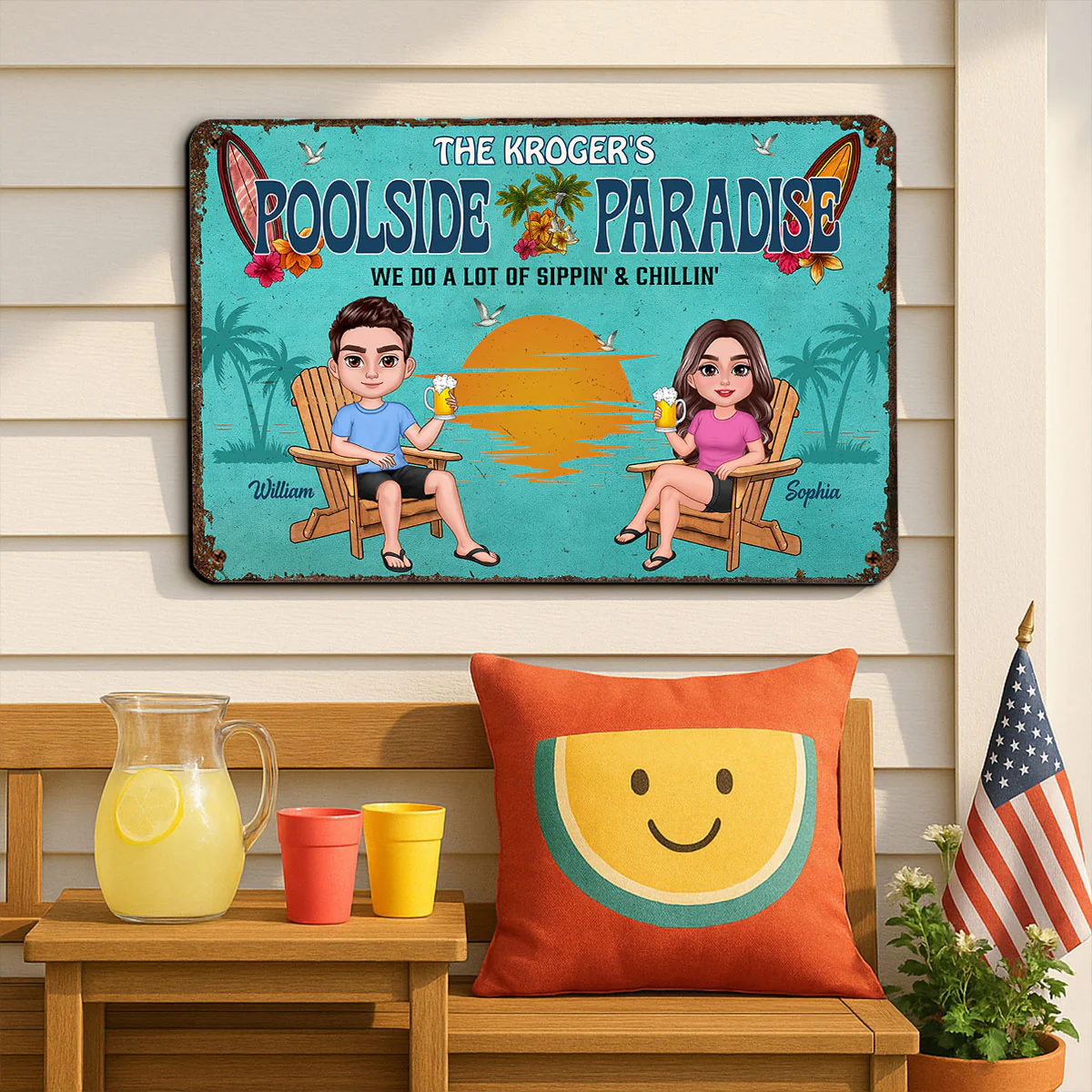 Summer Family Couple Poolside Paradise Grilling And Chilling Personalized Metal Sign - Image 2