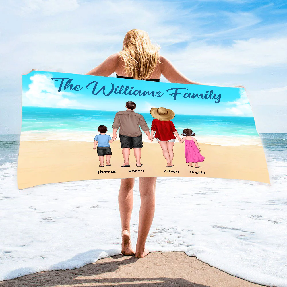 Summer Family Walking Back View Personalized Horizontal Beach Towel - Image 2