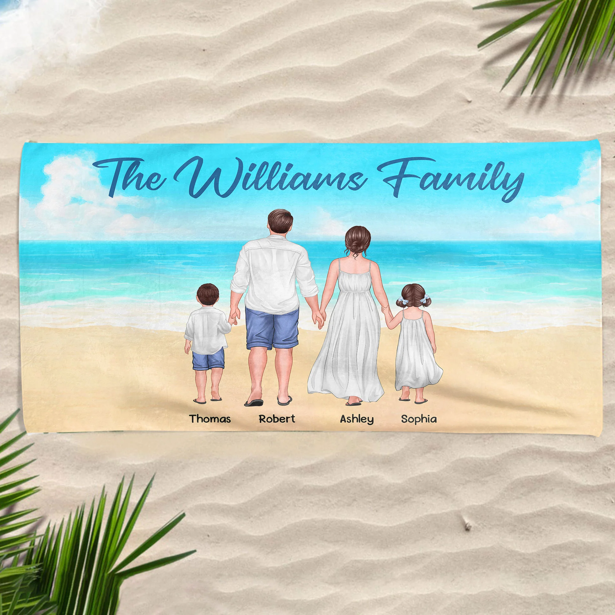 Summer Family Walking Back View Personalized Horizontal Beach Towel - Image 3