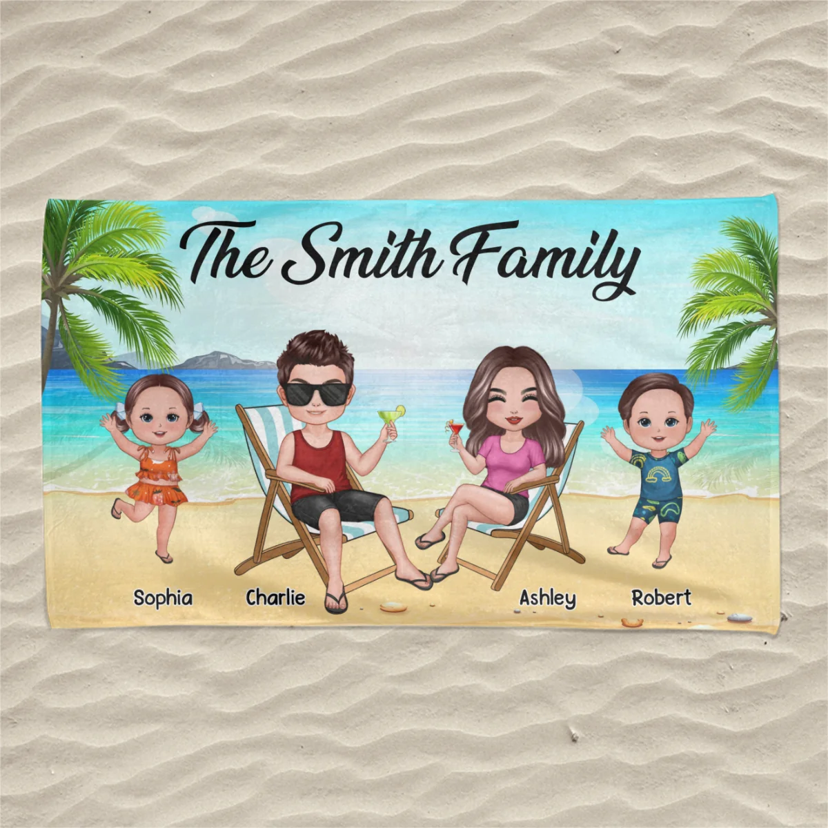 Summer Happy Whole Doll Family Couple Dad Mom Kids Dogs Cats Personalized Beach Towel - Image 4