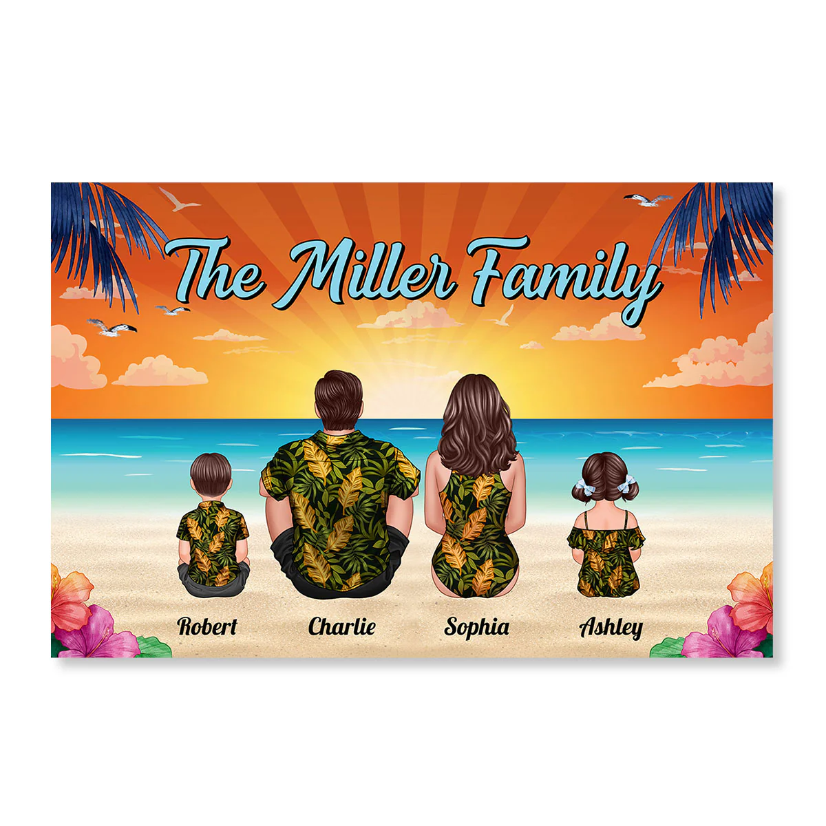 Summer Vibe Family Couple Kid Dog Cat Sitting At Beach Personalized Horizontal Poster