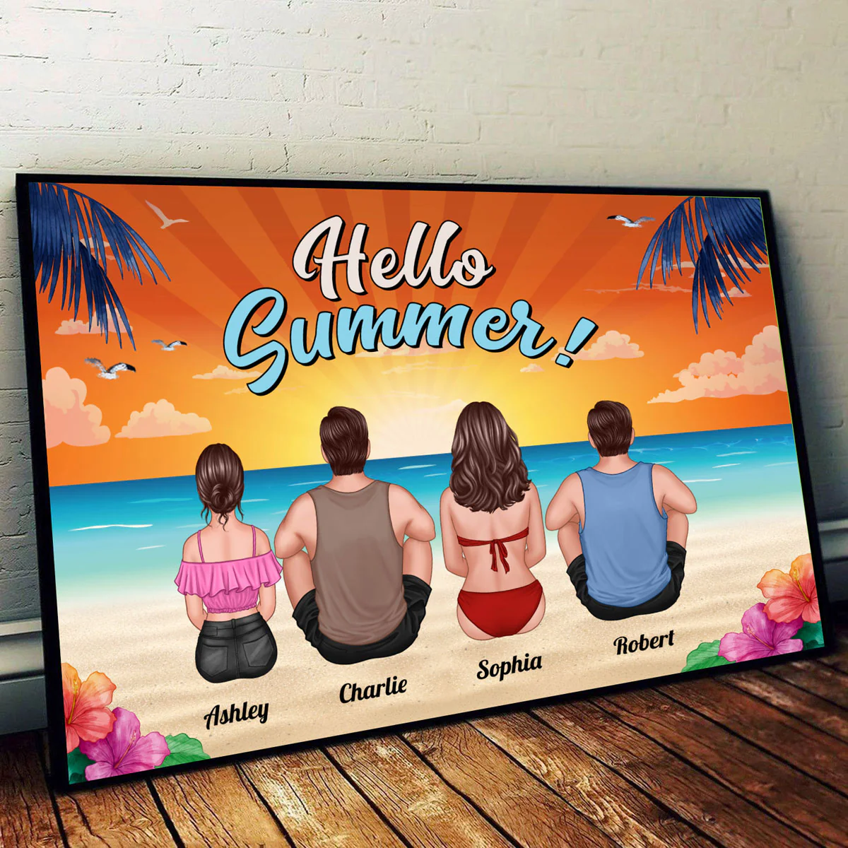 Summer Vibe Family Couple Kid Dog Cat Sitting At Beach Personalized Horizontal Poster - Image 2