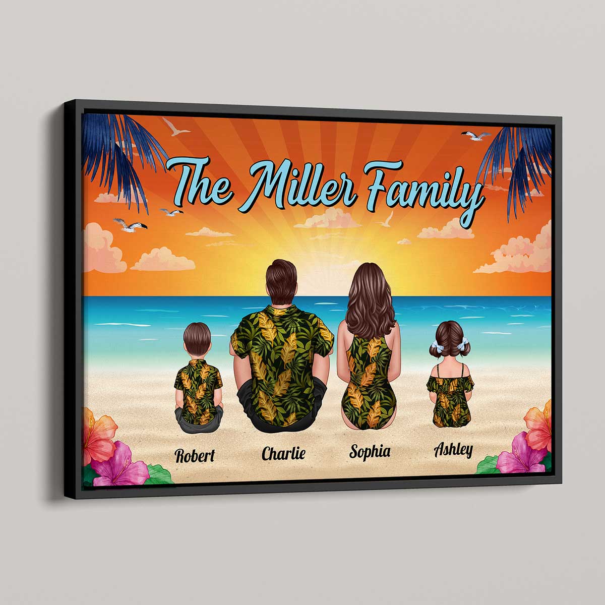 Summer Vibe Family Couple Kid Dog Cat Sitting At Beach Personalized Horizontal Poster - Image 3