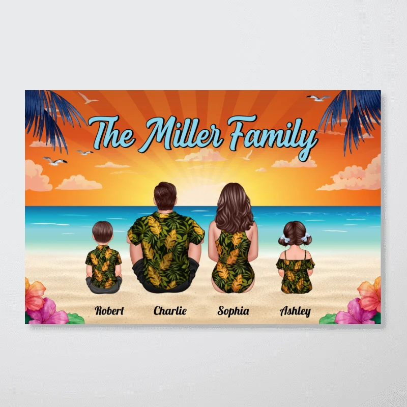 Summer Vibe Family Couple Kid Dog Cat Sitting At Beach Personalized Horizontal Poster - Image 4