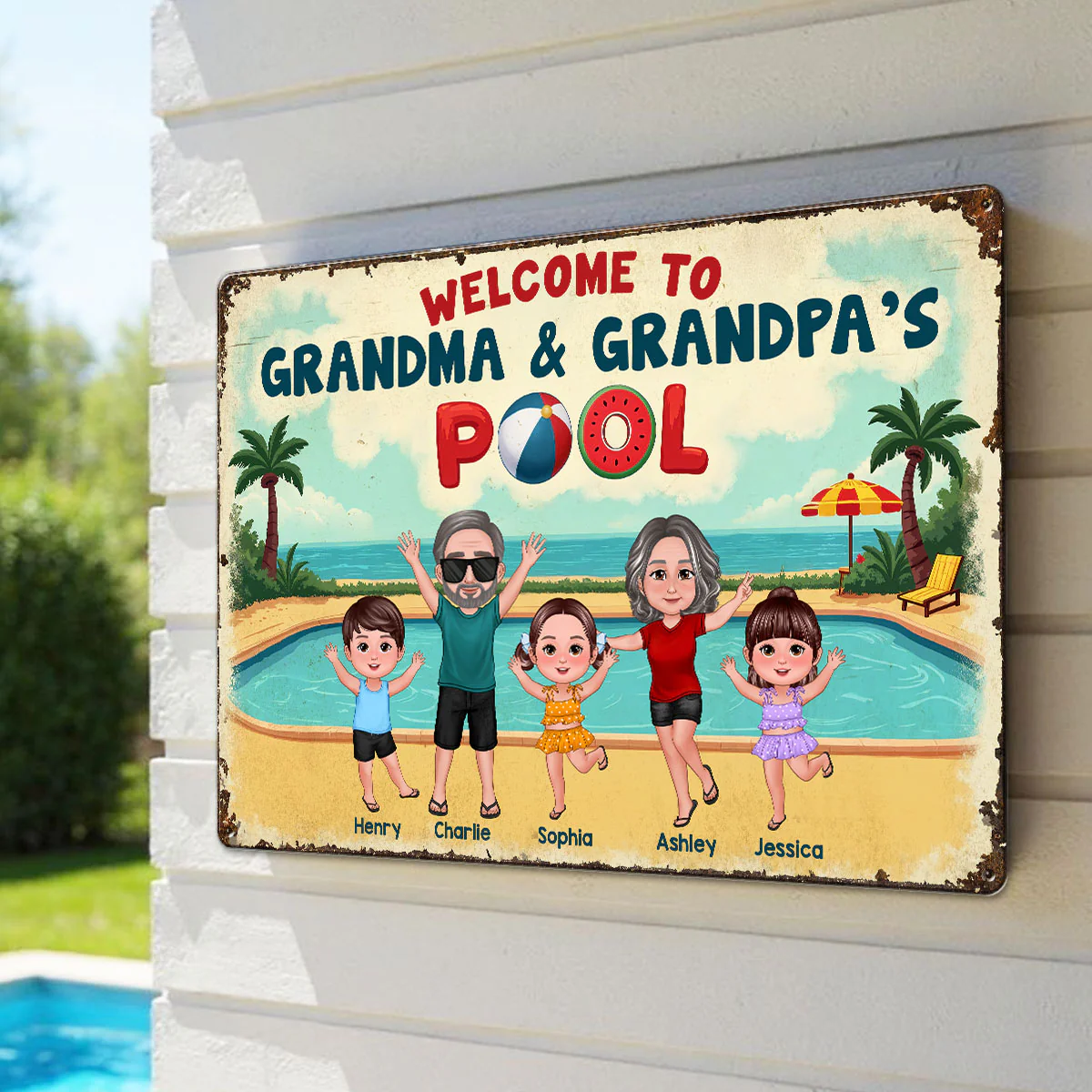 Summer Vibe Welcome To Grandpa Grandma Grandparents Pool Personalized Metal Sign - Image 12
