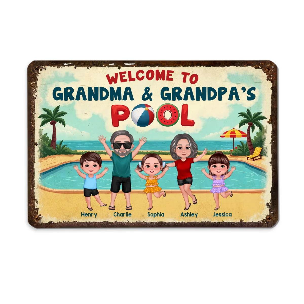 Summer Vibe Welcome To Grandpa Grandma Grandparents Pool Personalized Metal Sign - Image 13
