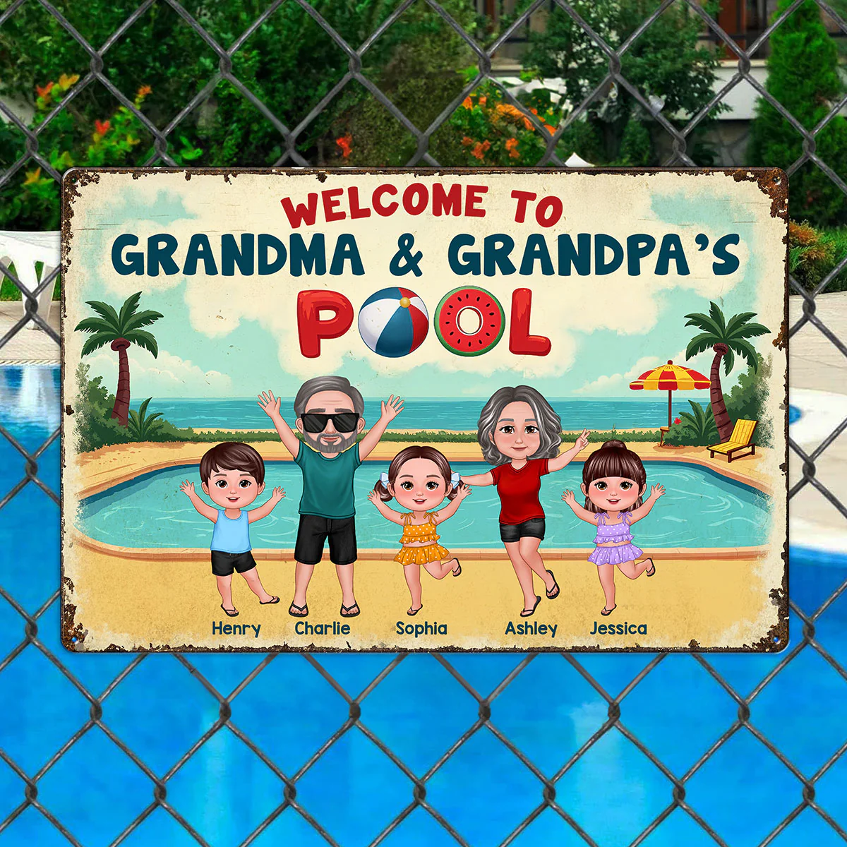 Summer Vibe Welcome To Grandpa Grandma Grandparents Pool Personalized Metal Sign - Image 2