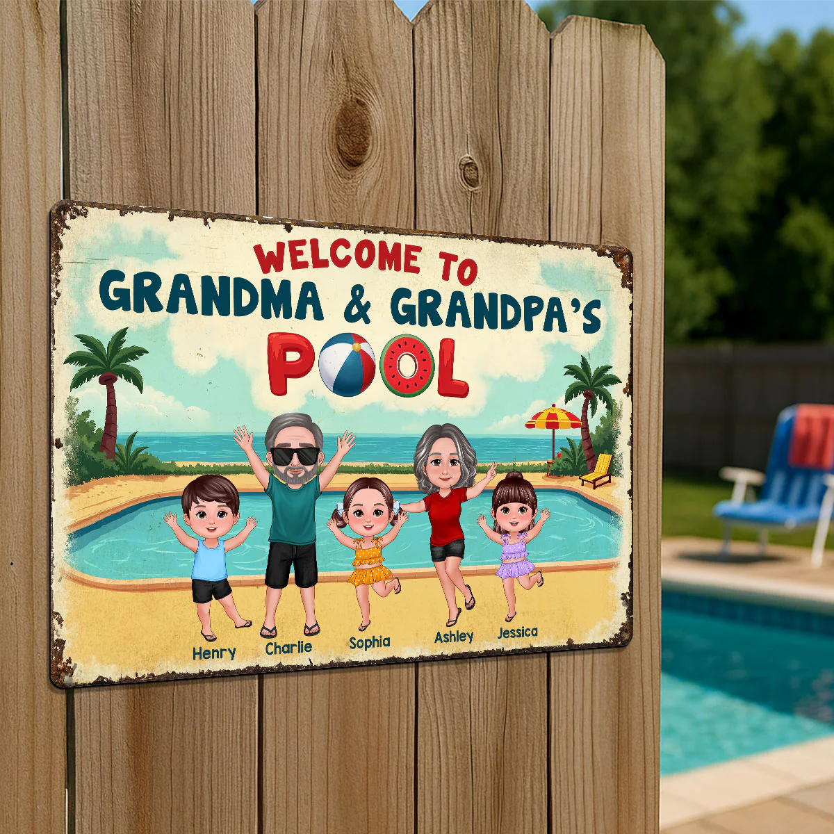 Summer Vibe Welcome To Grandpa Grandma Grandparents Pool Personalized Metal Sign - Image 3