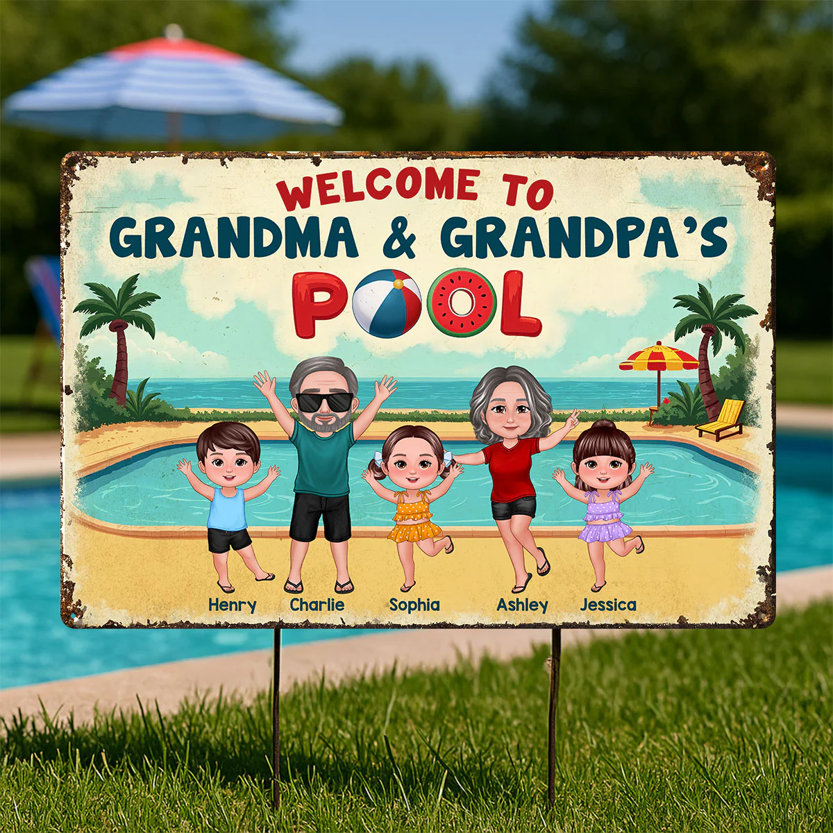 Summer Vibe Welcome To Grandpa Grandma Grandparents Pool Personalized Metal Sign - Image 4