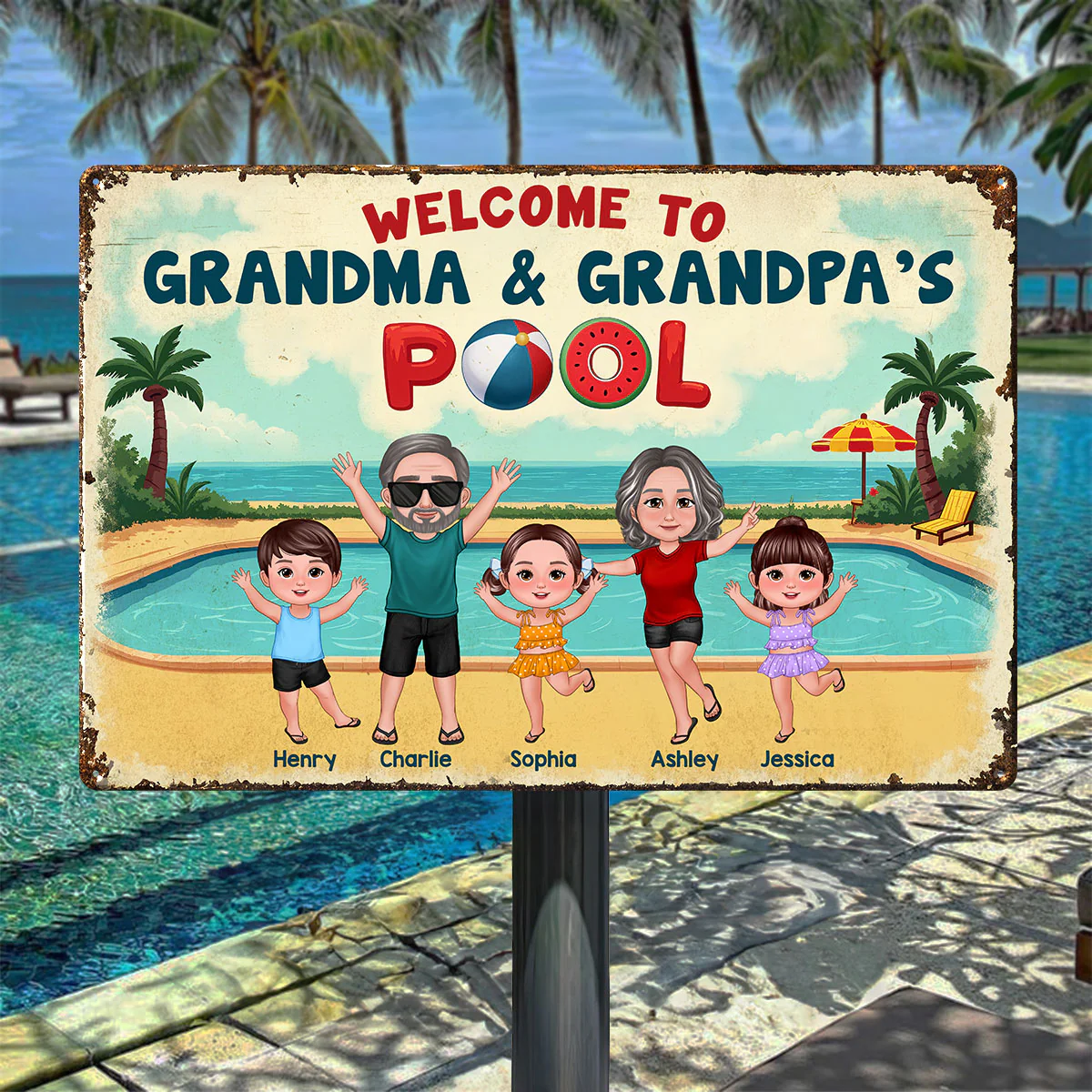 Summer Vibe Welcome To Grandpa Grandma Grandparents Pool Personalized Metal Sign - Image 5