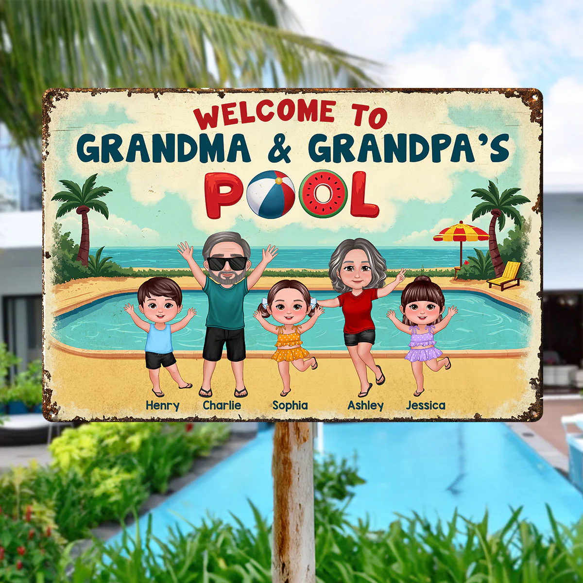 Summer Vibe Welcome To Grandpa Grandma Grandparents Pool Personalized Metal Sign - Image 6