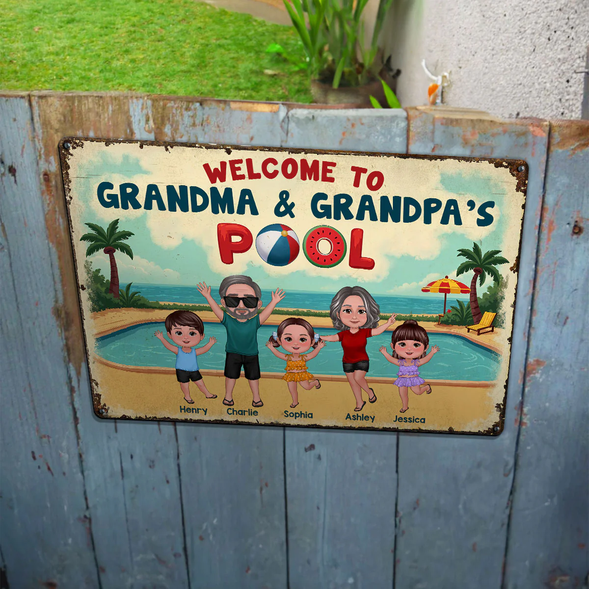 Summer Vibe Welcome To Grandpa Grandma Grandparents Pool Personalized Metal Sign - Image 7