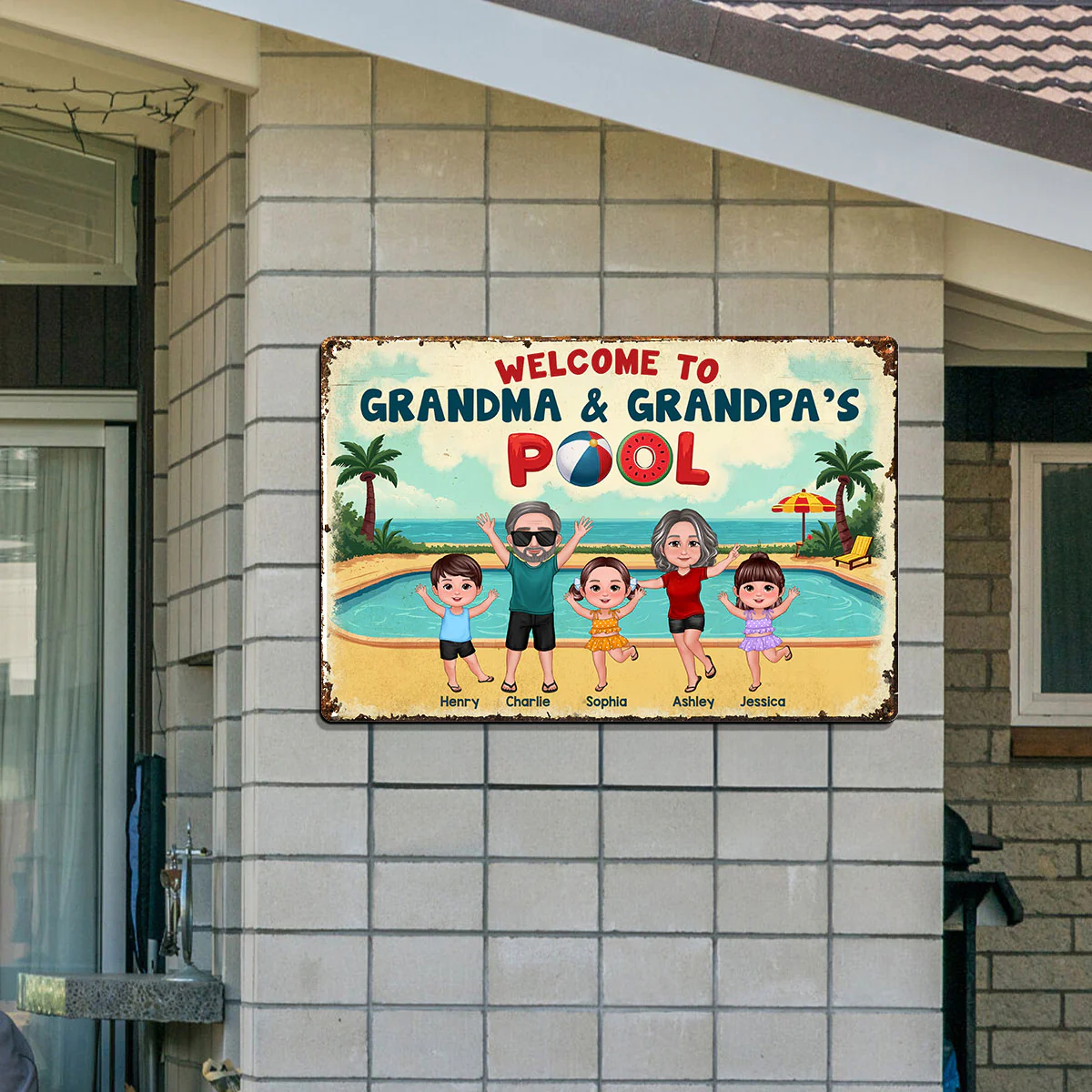 Summer Vibe Welcome To Grandpa Grandma Grandparents Pool Personalized Metal Sign - Image 8