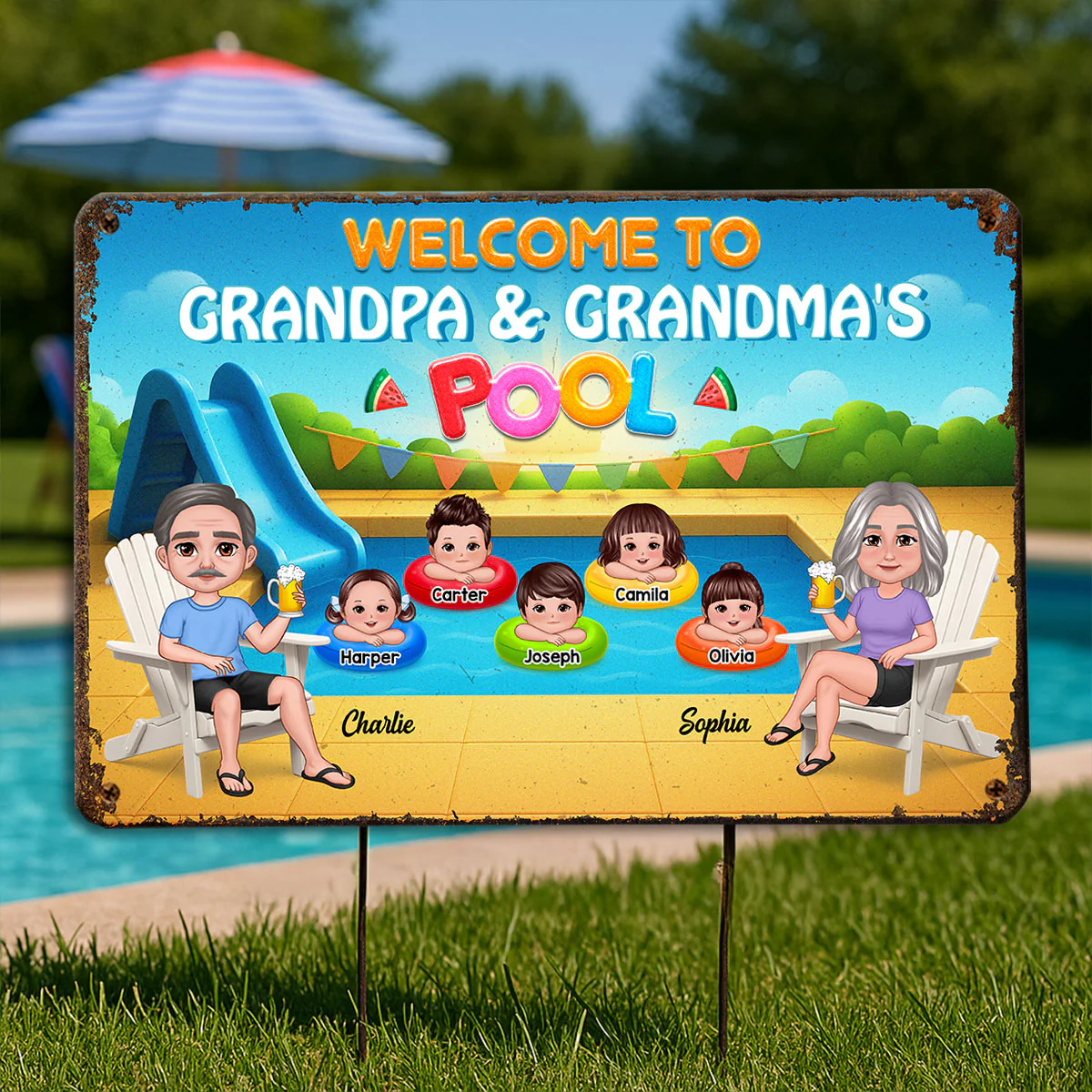 Summer Vibe Welcome To Grandpa Grandma Grandparents Pool Personalized Metal Sign - Image 2