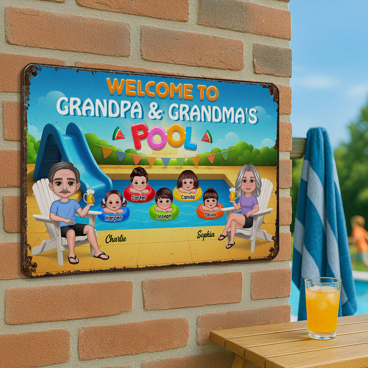 Summer Vibe Welcome To Grandpa Grandma Grandparents Pool Personalized Metal Sign - Image 3