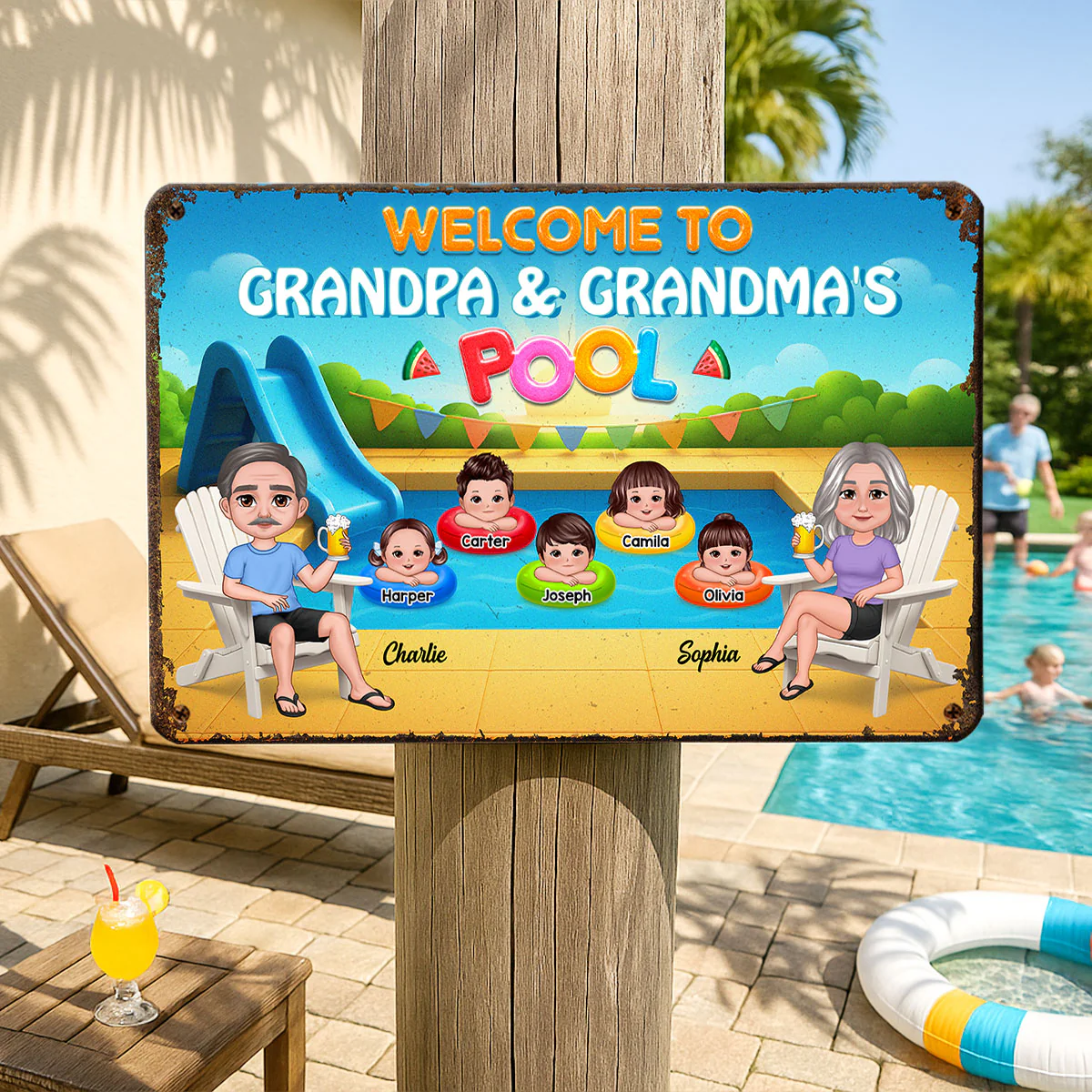 Summer Vibe Welcome To Grandpa Grandma Grandparents Pool Personalized Metal Sign - Image 4