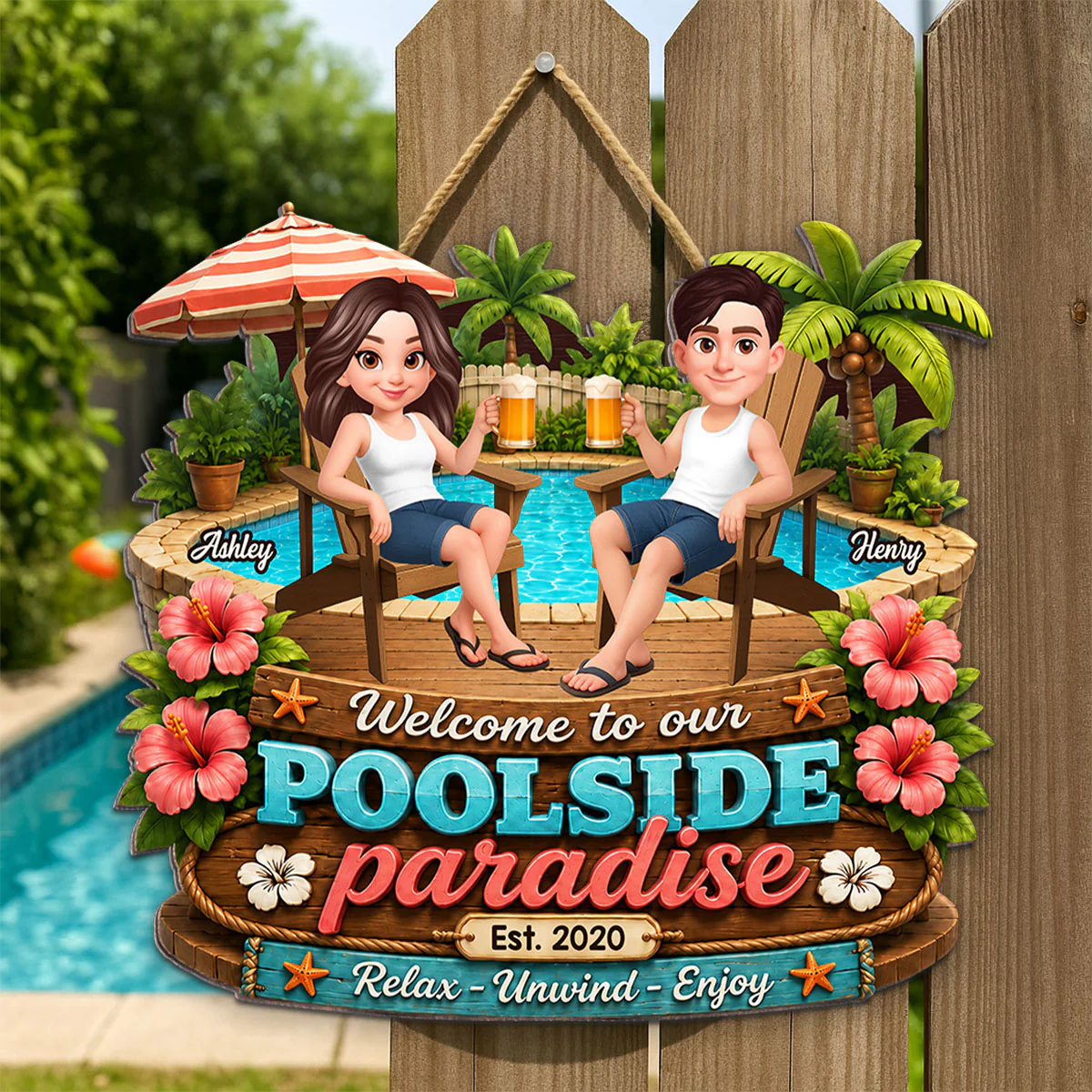 Summer Vibe Welcome To Our Poolside Paradise - Personalized Wood Sign - Gift For Couple, Summer Porch, Patio, Bar Decoration - Image 5