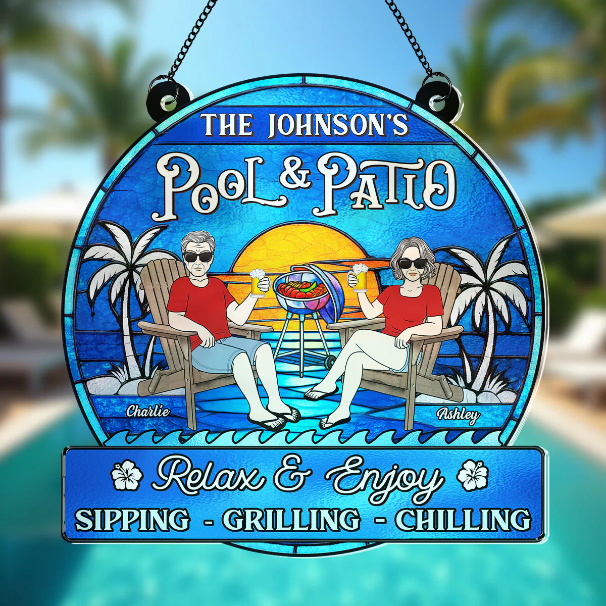Summer Welcome To Family Couple Pool & Patio Personalized Acrylic Suncatcher - Image 2