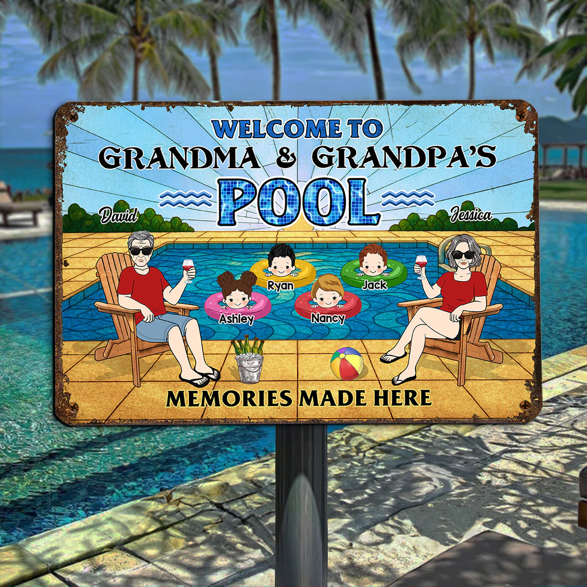 Summer Welcome To Grandpa Grandma Grandparents Pool Personalized Metal Sign| Summer Outdoor Decoration