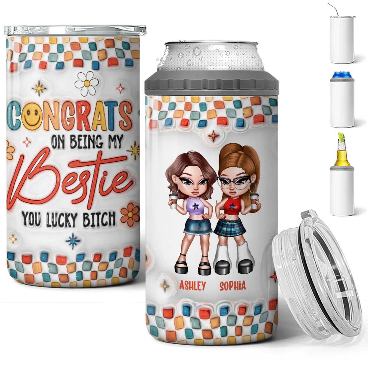 Summer Y2K Besties 3D Inflated Effect Print Personalized 4 In 1 Can Cooler, Gift For Besties