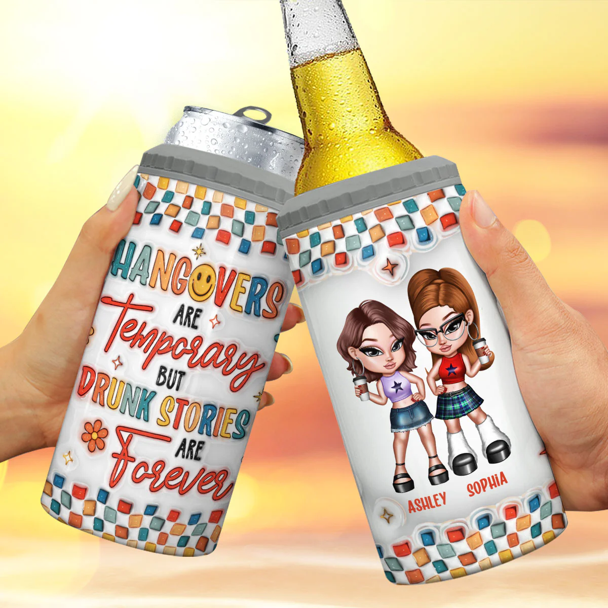 Summer Y2K Besties 3D Inflated Effect Print Personalized 4 In 1 Can Cooler, Gift For Besties - Image 3