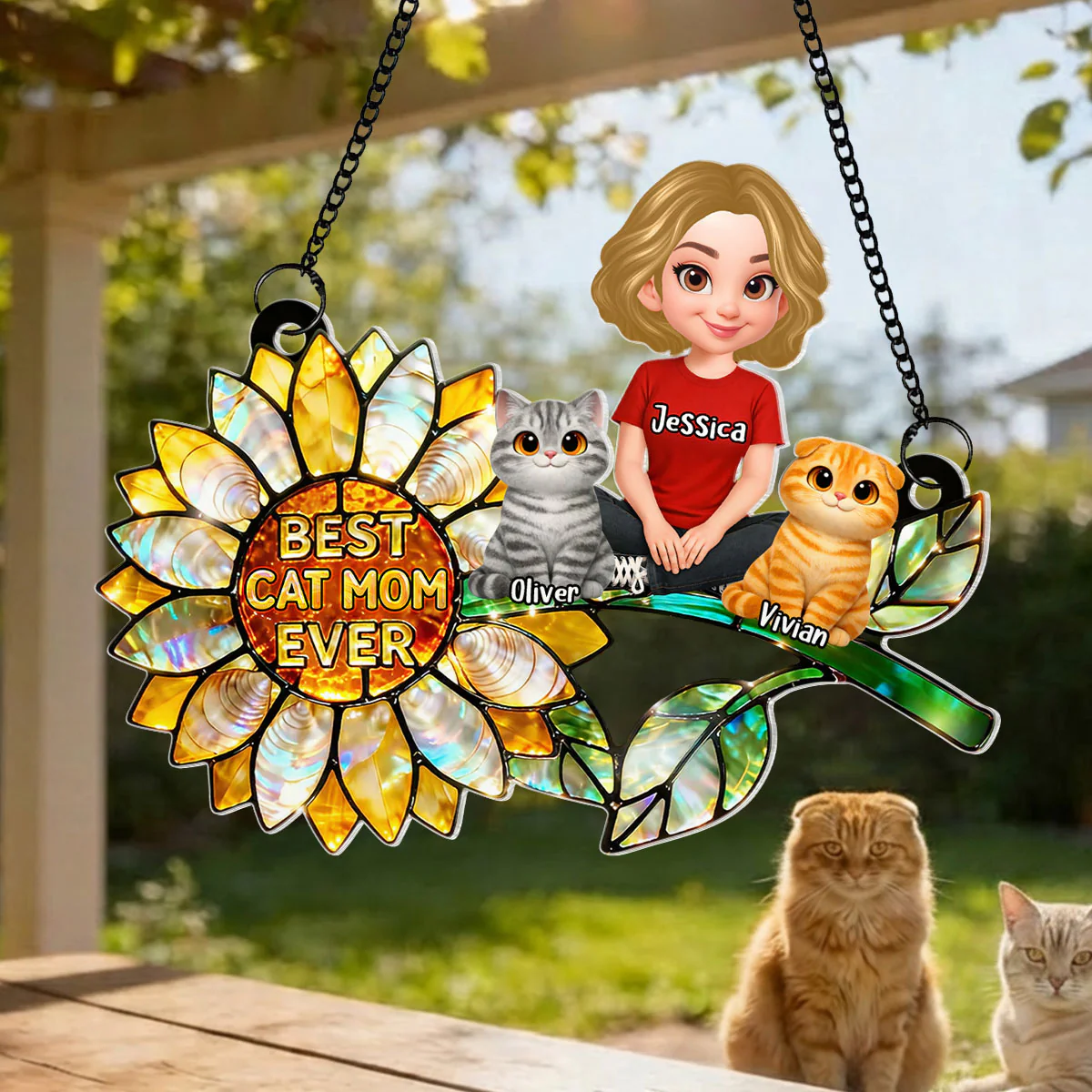 Sunflower Cat Mom and Cats Sitting - Personalized Window Hanging Suncatcher - Mother's Day Gift for Mom, Wife - Image 3
