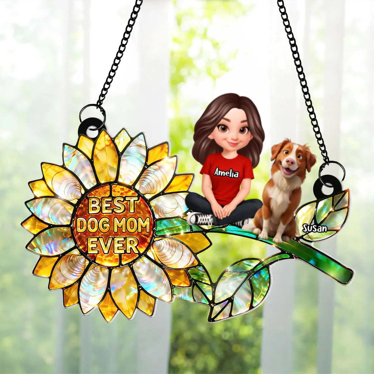 Sunflower Dog Mom and Dogs Sitting - Personalized Window Hanging Suncatcher - Mother's Day Gift for Mom, Wife - Image 9