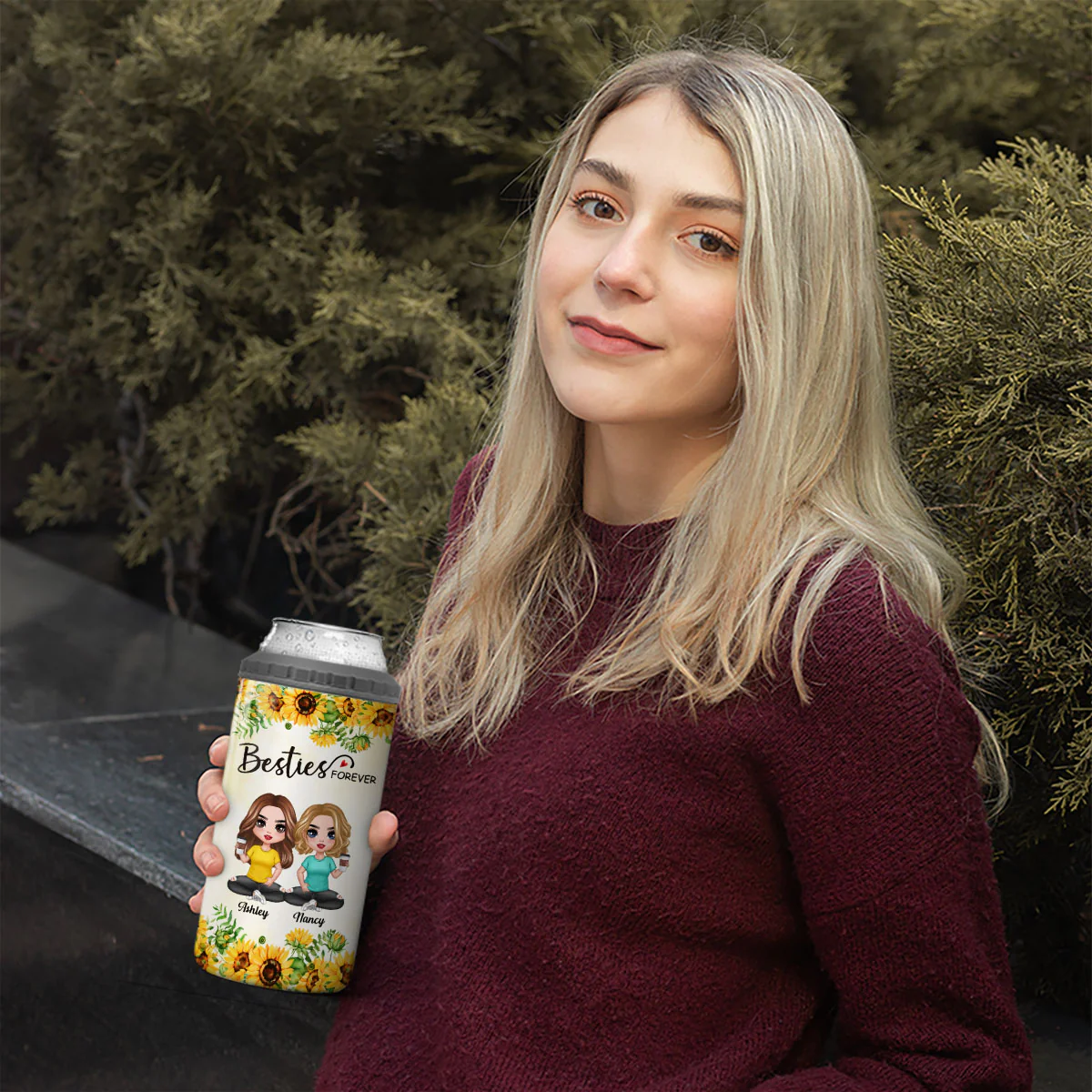 Sunflower Doll Besties Gift For Best Friends Personalized 4 In 1 Can Cooler - Image 3