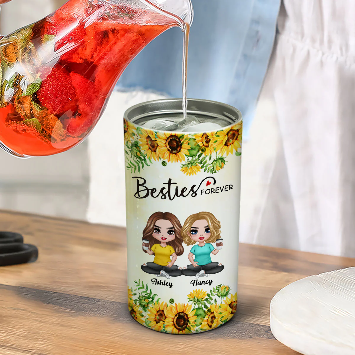 Sunflower Doll Besties Gift For Best Friends Personalized 4 In 1 Can Cooler - Image 4