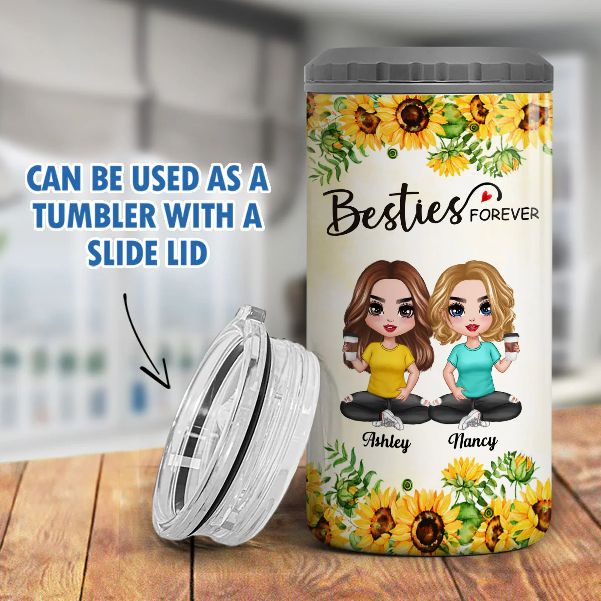 Sunflower Doll Besties Gift For Best Friends Personalized 4 In 1 Can Cooler - Image 7