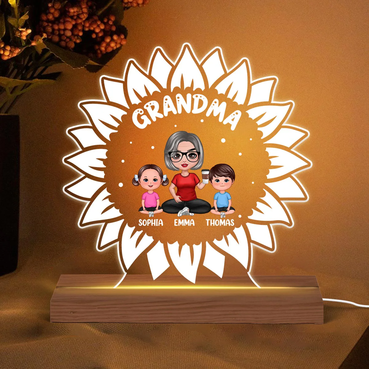 Sunflower Doll Grandma Grandkids Personalized Custom Shape LED Night Light - Image 3