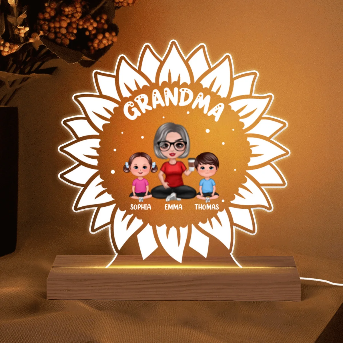 Sunflower Doll Grandma Grandkids Personalized Custom Shape LED Night Light - Image 5
