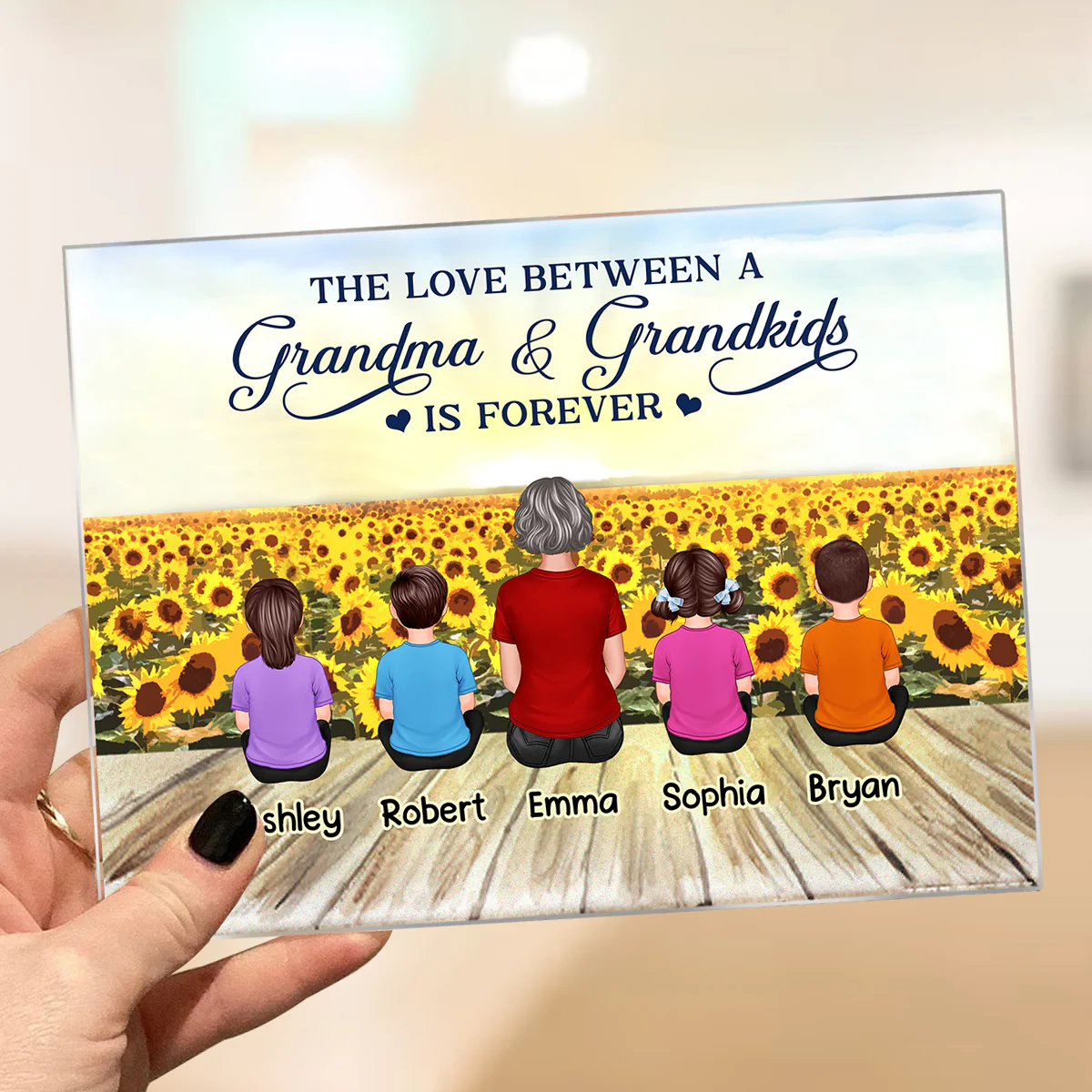 Sunflower Field Back View Grandma Mom With Kids Dogs Cats Sitting Personalized Acrylic Plaque - Image 3