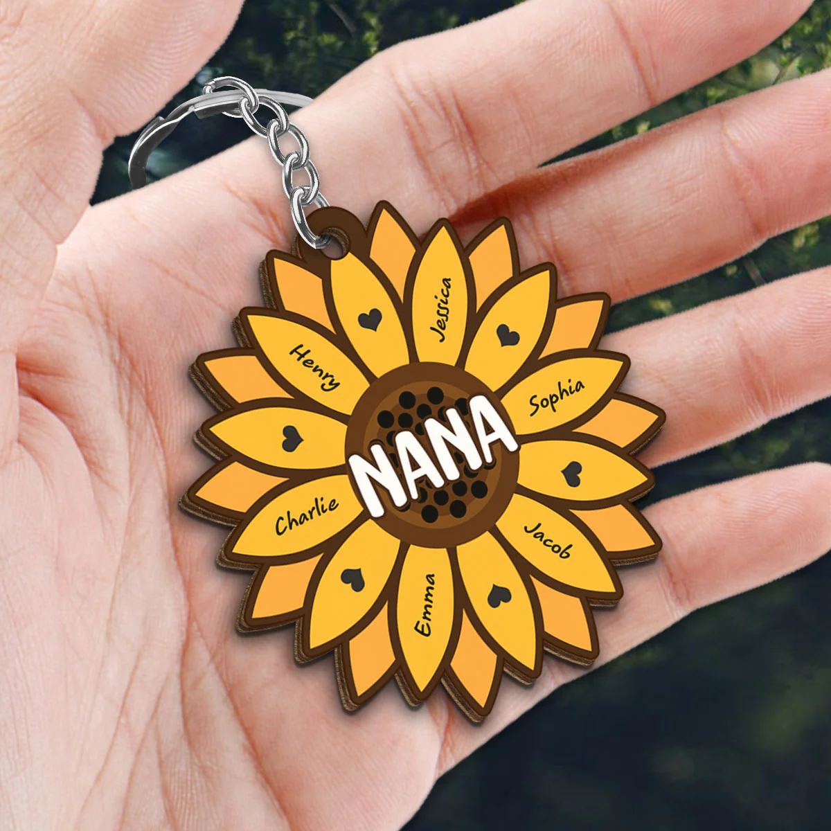 Sunflower Grandkids Children Name Gift For Mom Grandma Personalized Custom Shape Wooden Keychain - Image 2