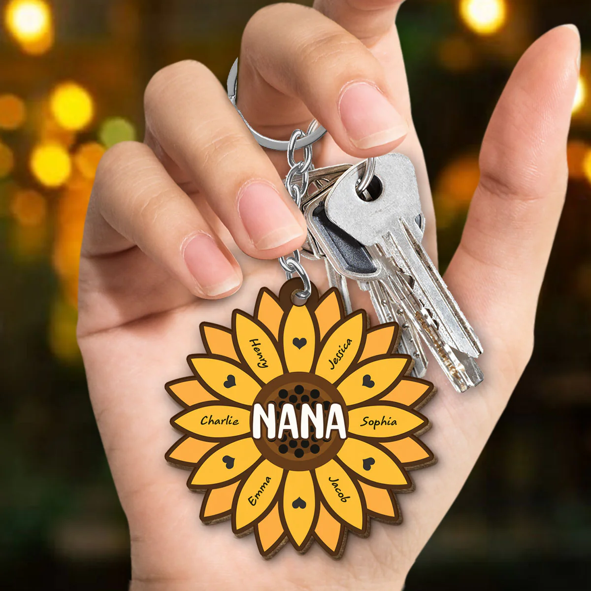 Sunflower Grandkids Children Name Gift For Mom Grandma Personalized Custom Shape Wooden Keychain - Image 3