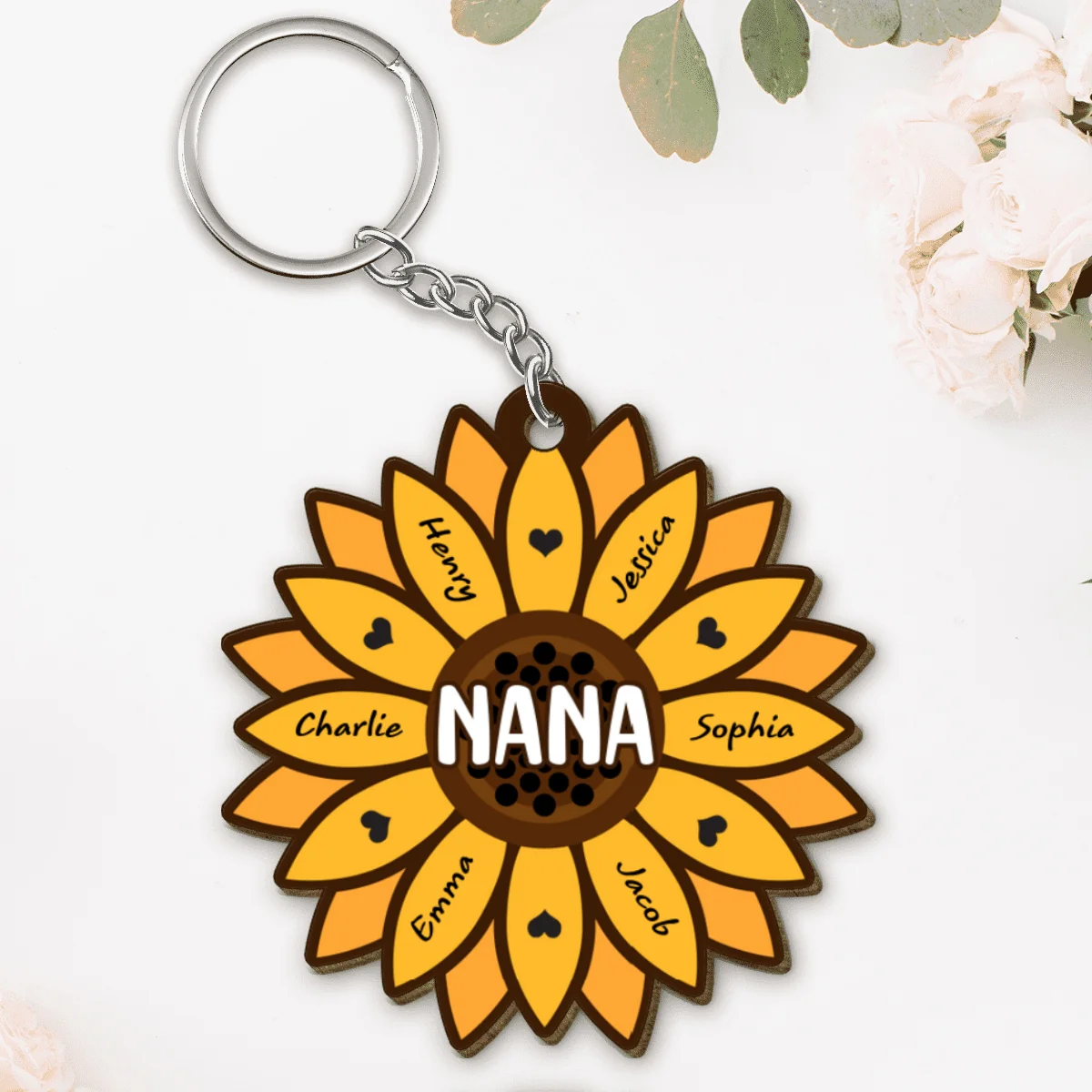 Sunflower Grandkids Children Name Gift For Mom Grandma Personalized Custom Shape Wooden Keychain - Image 4