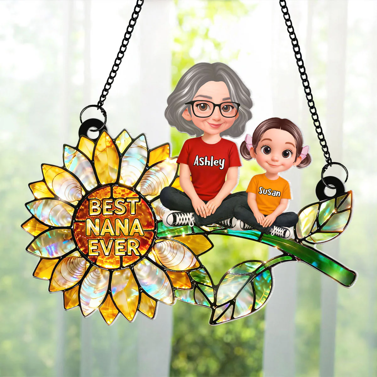 Sunflower Grandma and Grandkids Sitting - Personalized Window Hanging Suncatcher - Mother's Day Gift for Mom, Wife - Image 3