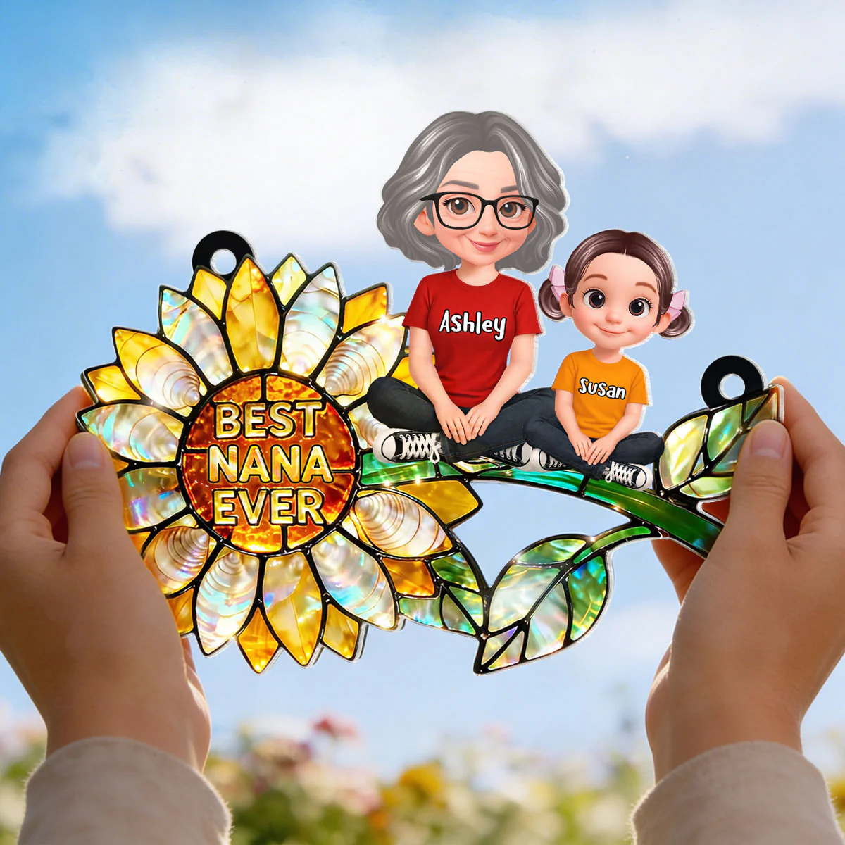 Sunflower Grandma and Grandkids Sitting - Personalized Window Hanging Suncatcher - Mother's Day Gift for Mom, Wife - Image 5