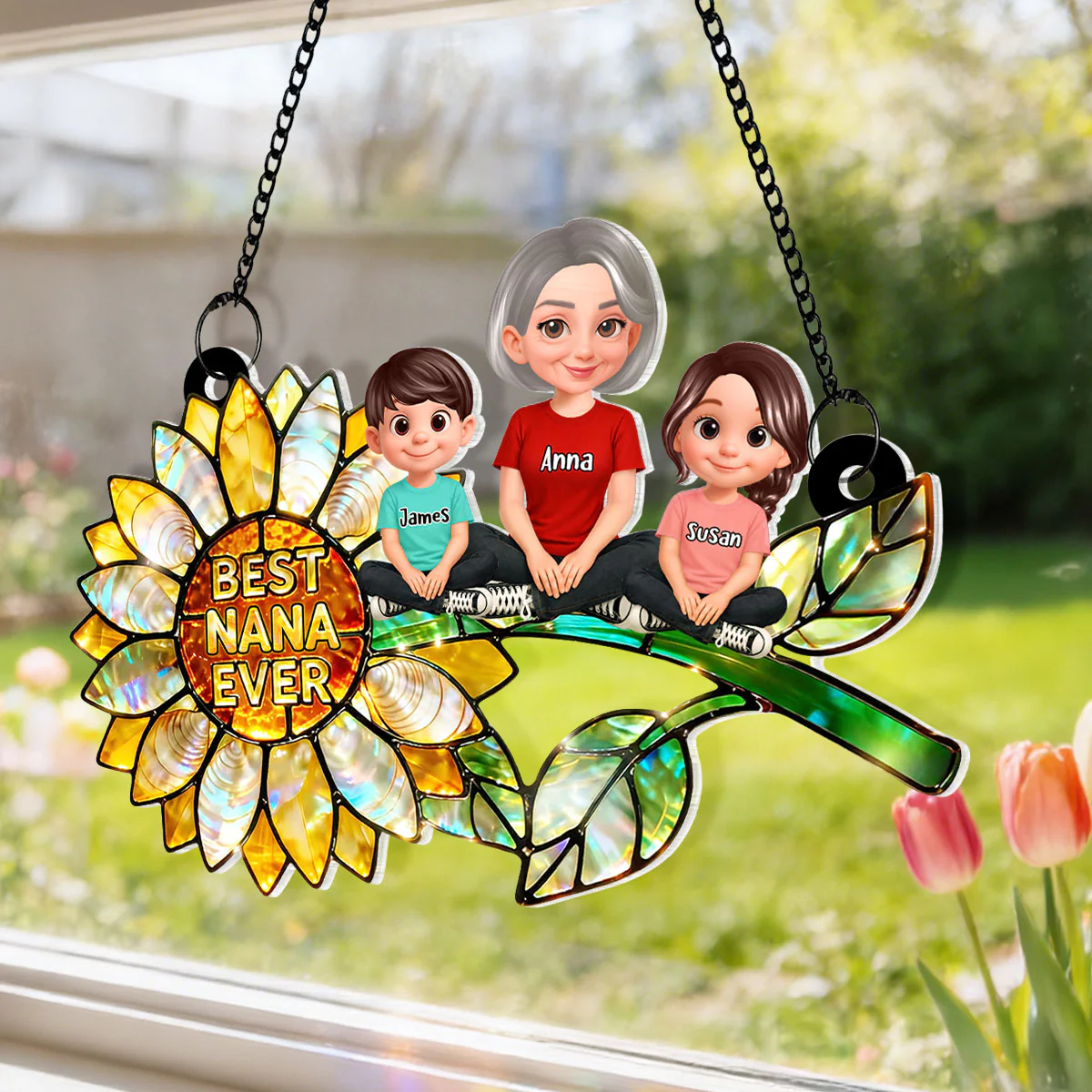 Sunflower Grandma and Grandkids Sitting - Personalized Window Hanging Suncatcher - Mother's Day Gift for Mom, Wife - Image 6