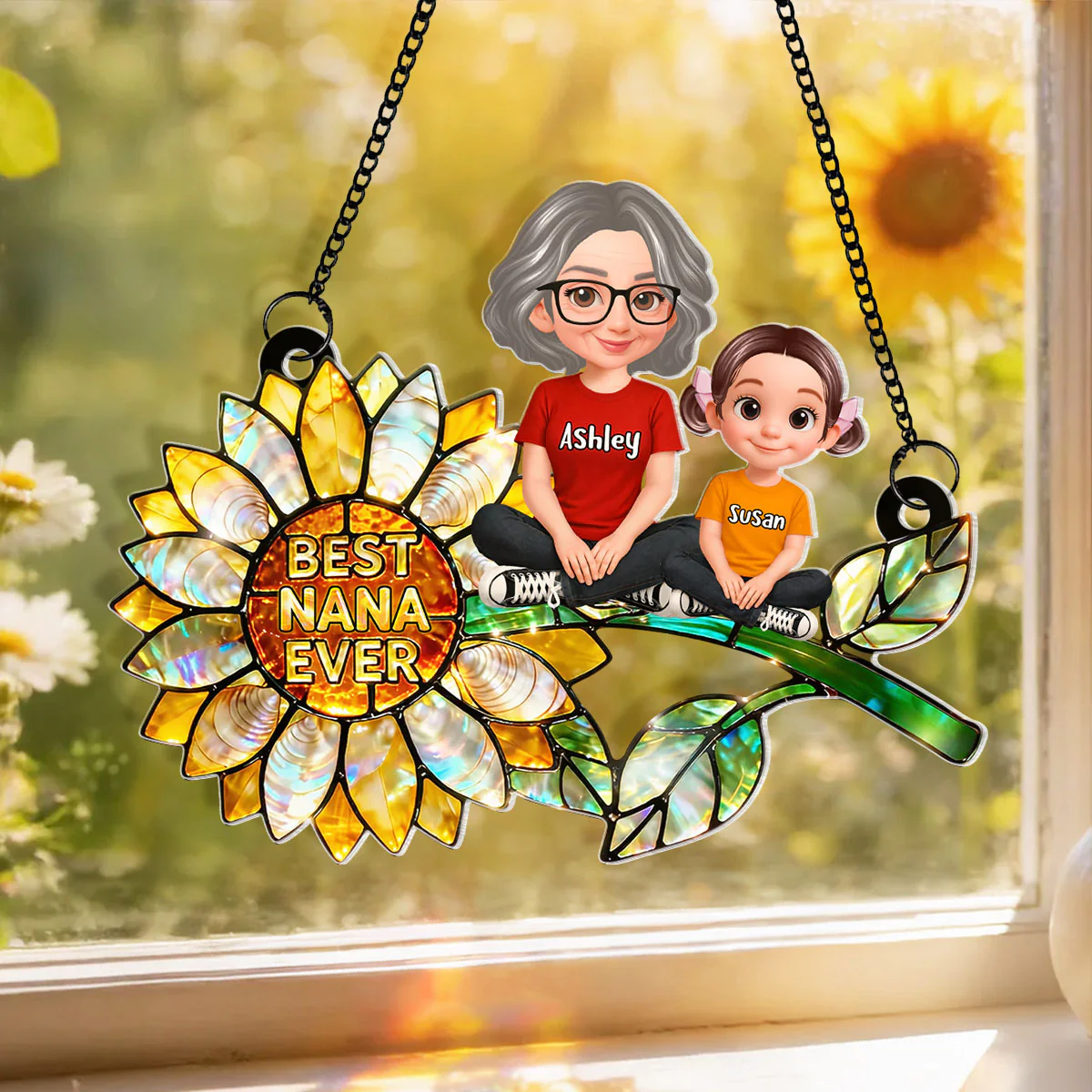 Sunflower Grandma and Grandkids Sitting - Personalized Window Hanging Suncatcher - Mother's Day Gift for Mom, Wife - Image 7