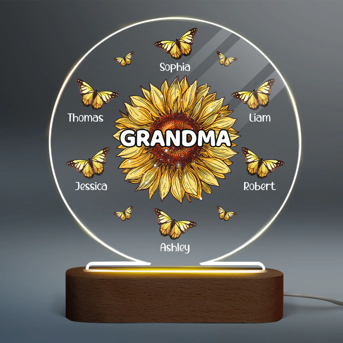 Sunflower Grandma Butterflies Grandkids Names Personalized Circle Acrylic Plaque LED Lamp Night Light - Image 2
