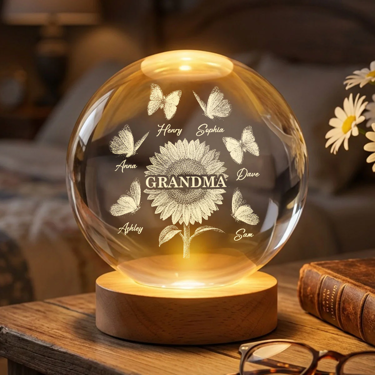 Sunflower Grandma Grandkids - Personalized Crystal Ball LED Night Light - Mother's Day Gift For Grandma
